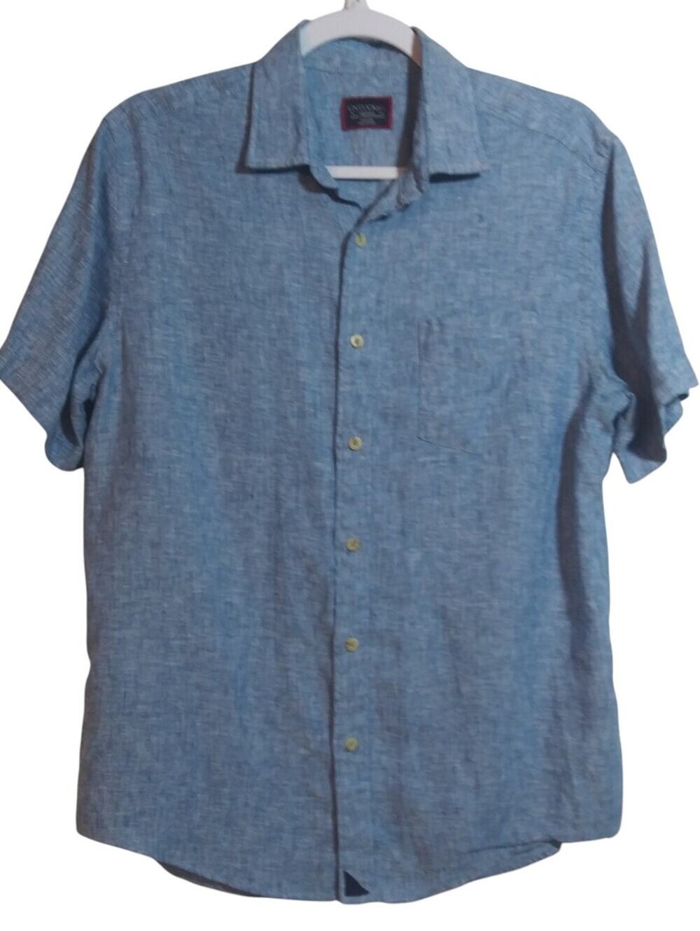 UNTUCKit Men's Short Sleeve Button-Up Blue 100% Linen Cameron Slim Shirt Sz M
